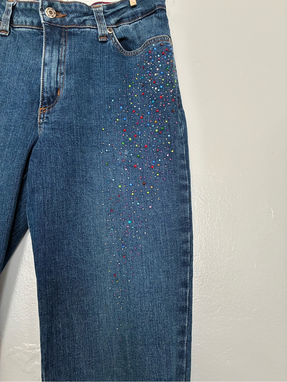 Y2K vintage Mu Jeans with rainbow rhinestone embellishments